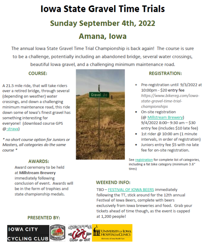 Iowa State Gravel Time Trial, Amana IA 2022 Flyer Iowa City Cycling